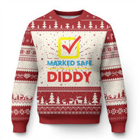 Ugly Christmas sweater in red and cream with tree fair isle stripes and checkmark text