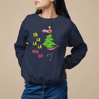 Navy sweatshirt with flamingo Christmas tree graphic and colorful “FA LA LA MIN GO” text