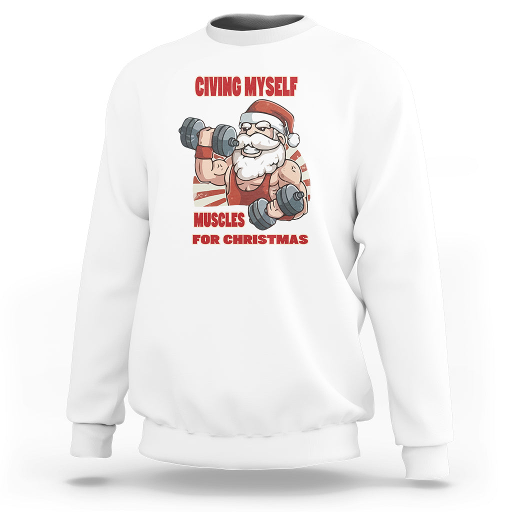 White crewneck sweatshirt with Santa weightlifter graphic and “Muscles for Christmas” text