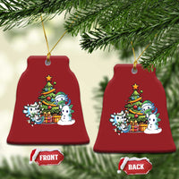Pair of red bell-shaped axolotl Christmas ornaments with tree scene, front and back tags