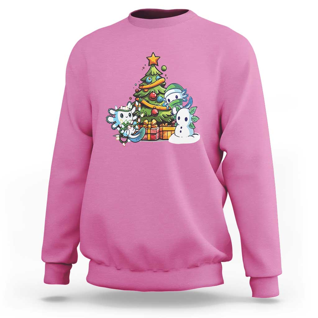 Pink Christmas axolotl sweatshirt with cartoon tree graphic on the chest