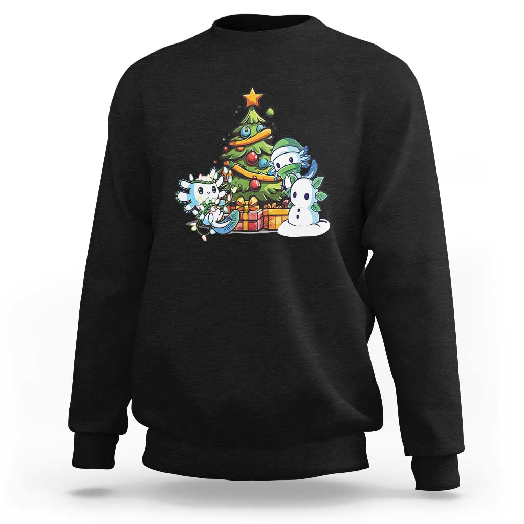 Black Christmas axolotl sweatshirt with cartoon tree graphic on the chest