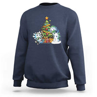 Slate blue Christmas axolotl sweatshirt with cartoon tree graphic on the chest