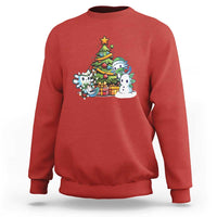 Red Christmas axolotl sweatshirt with cartoon tree graphic on the chest