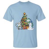 Light blue Christmas axolotl graphic T-shirt with tree, gifts, star, and snowman print