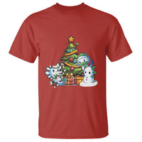 Red Christmas axolotl graphic T-shirt with tree, gifts, star, and snowman print