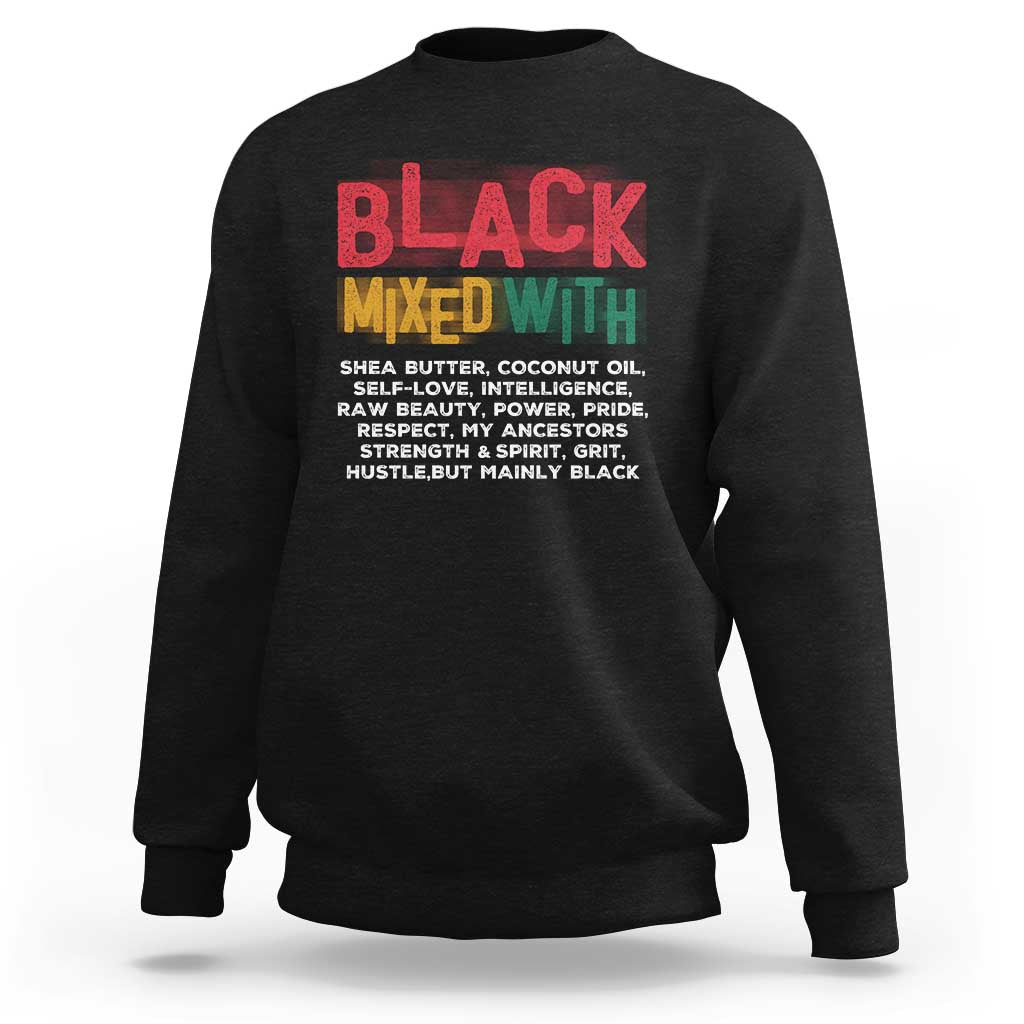 Black crewneck sweatshirt with “BLACK MIXED WITH” printed graphic on chest