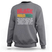 Charcoal crewneck sweatshirt with “BLACK MIXED WITH” printed graphic on chest