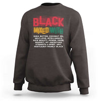 Dark brown crewneck sweatshirt with “BLACK MIXED WITH” printed graphic on chest