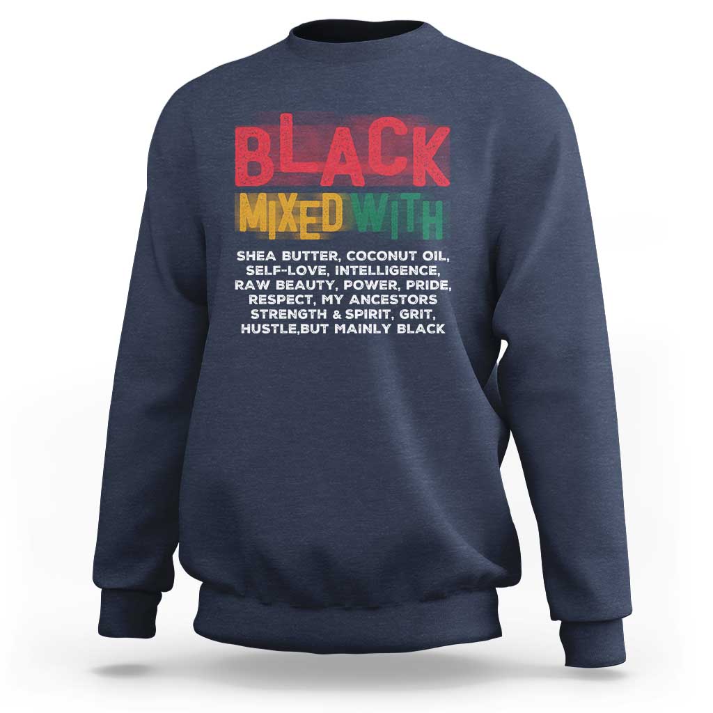 Navy crewneck sweatshirt with “BLACK MIXED WITH” printed graphic on chest