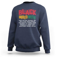 Navy crewneck sweatshirt with “BLACK MIXED WITH” printed graphic on chest