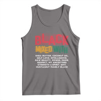 Charcoal heather tank top, scoop neck, 'BLACK MIXED WITH' front graphic