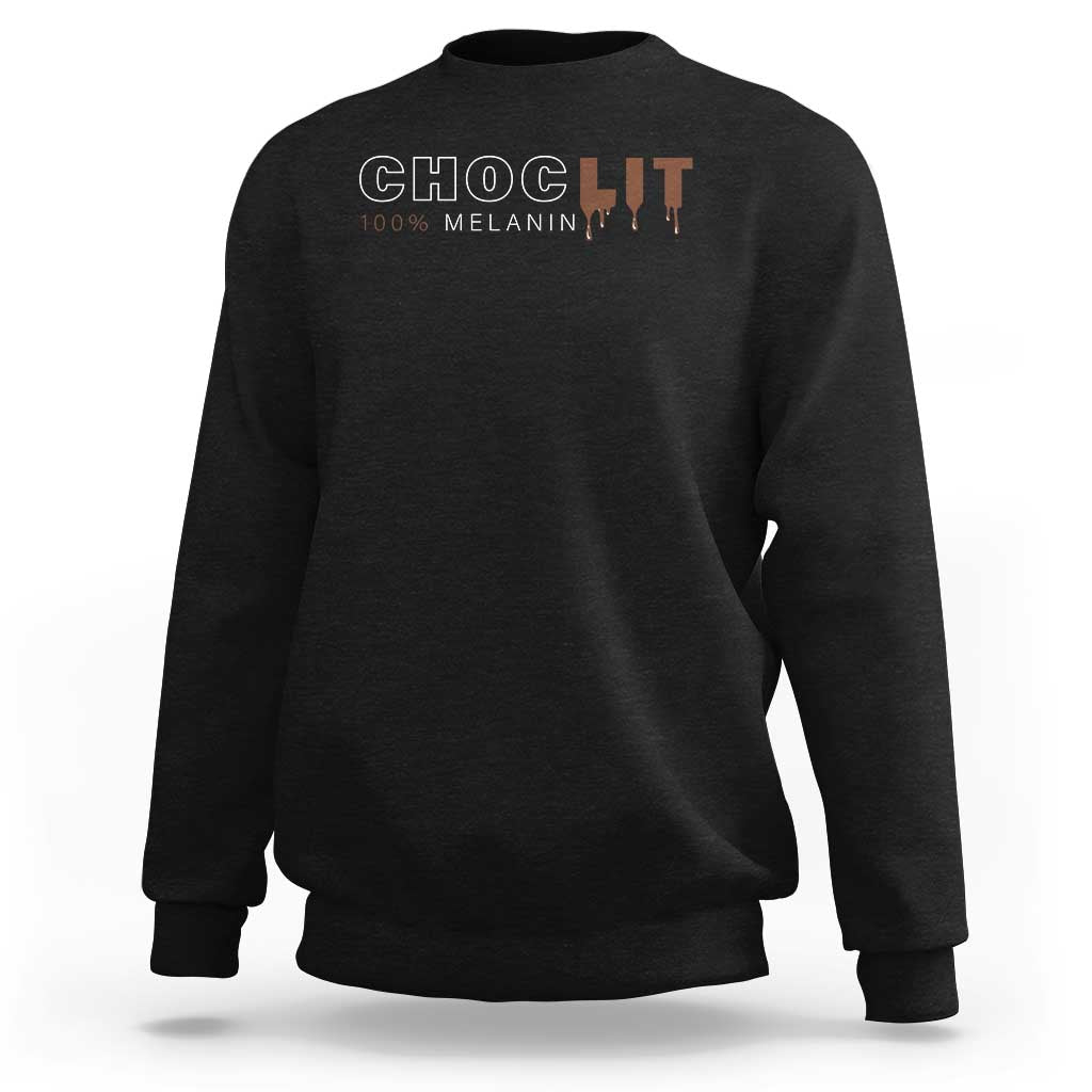 Black crewneck sweatshirt with CHOCLIT “100% MELANIN” chest print