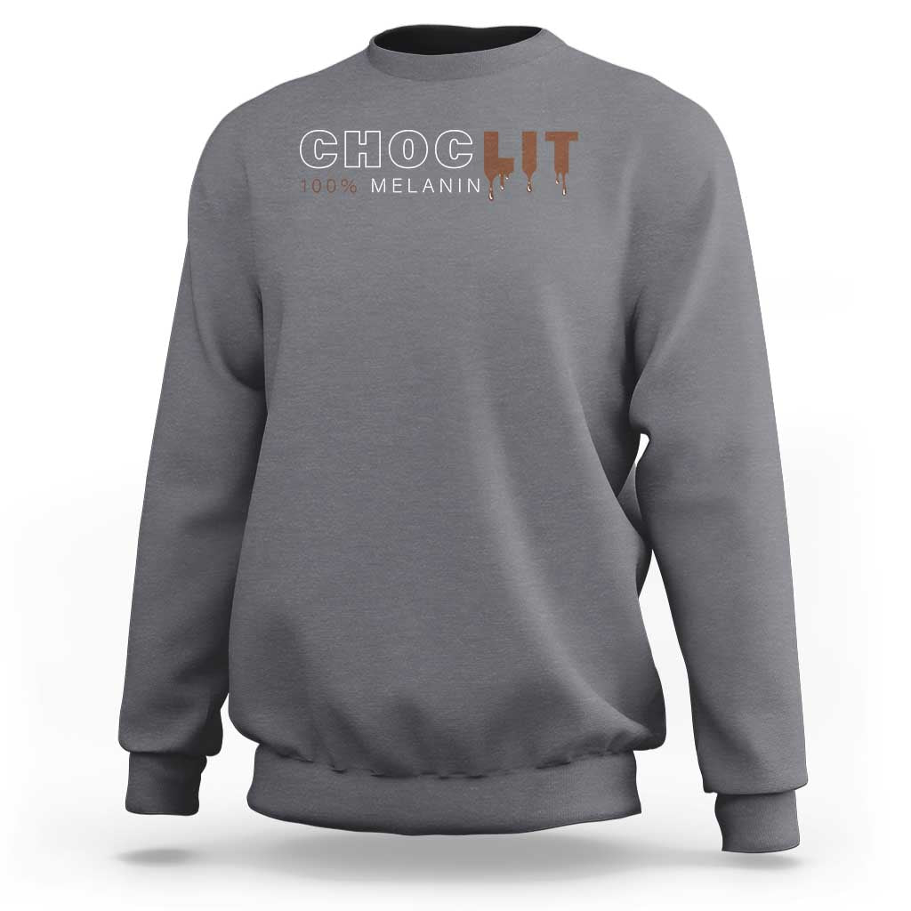 Charcoal crewneck sweatshirt with CHOCLIT “100% MELANIN” chest print