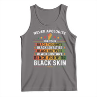 Dark heather gray tank top with 'Never Apologize' pride slogan graphic