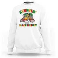 White crewneck sweatshirt with colorful 'Steppin' Into Black History' graphic
