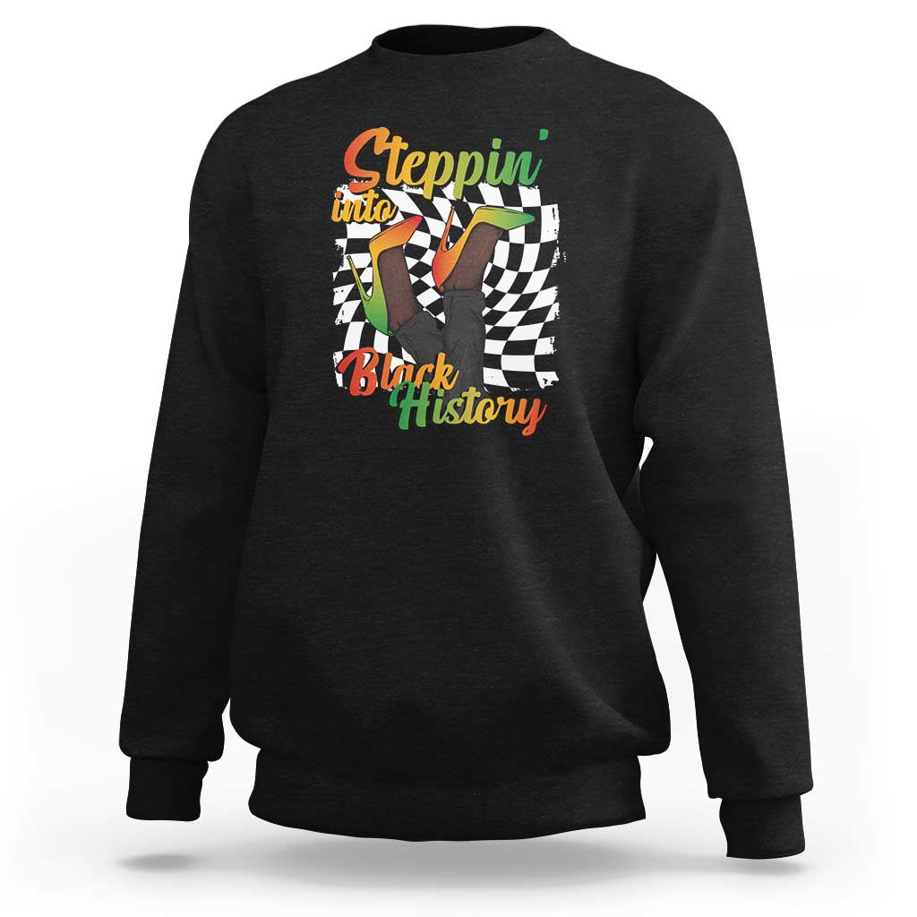 Black crewneck sweatshirt with colorful "Steppin into Black History" graphic print