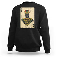Black crewneck sweatshirt with front playing-card king graphic, long sleeves