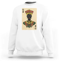 White crewneck sweatshirt with queen card graphic and crown on chest