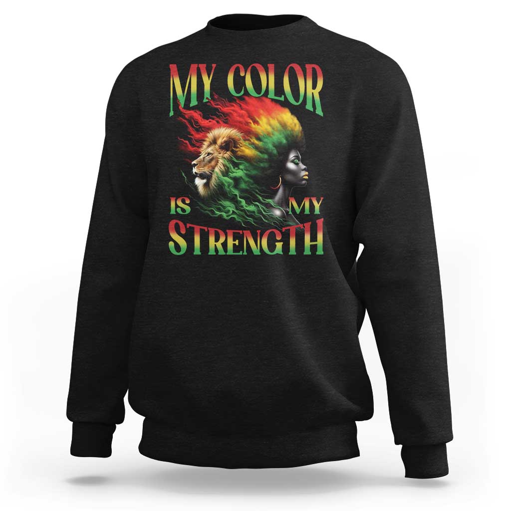 Women’s black crewneck sweatshirt with colorful lion and profile graphic, “My Color…My Strength”
