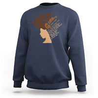 Navy women's crewneck sweatshirt with back face-silhouette and typographic graphic