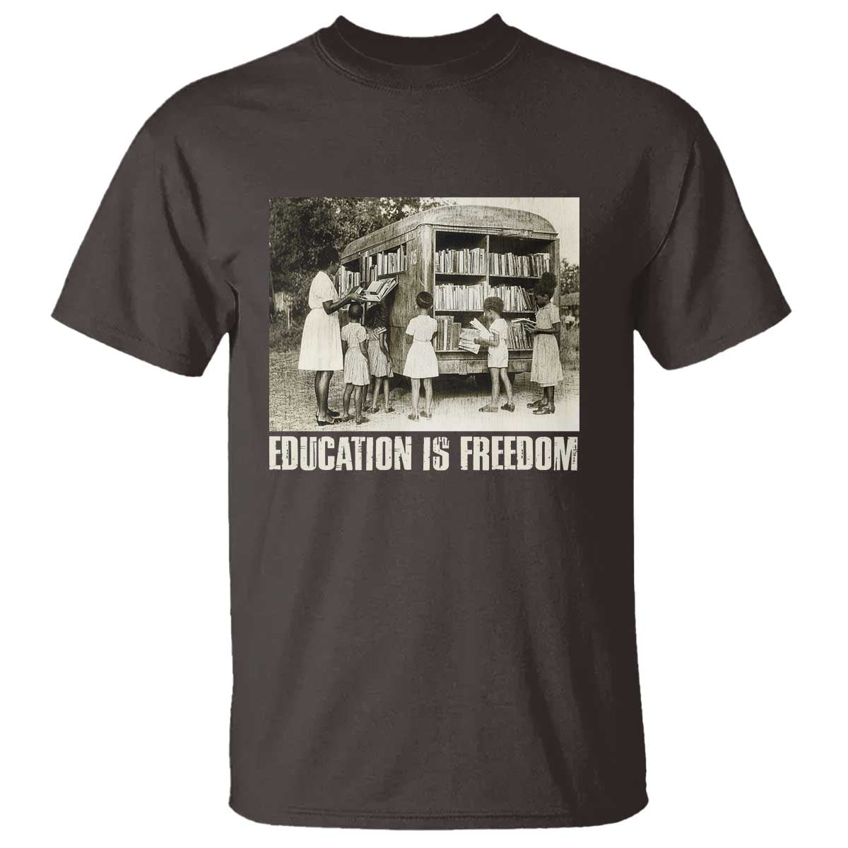 Dark chocolate T-shirt with vintage graphic and EDUCATION'S FREEDOM text