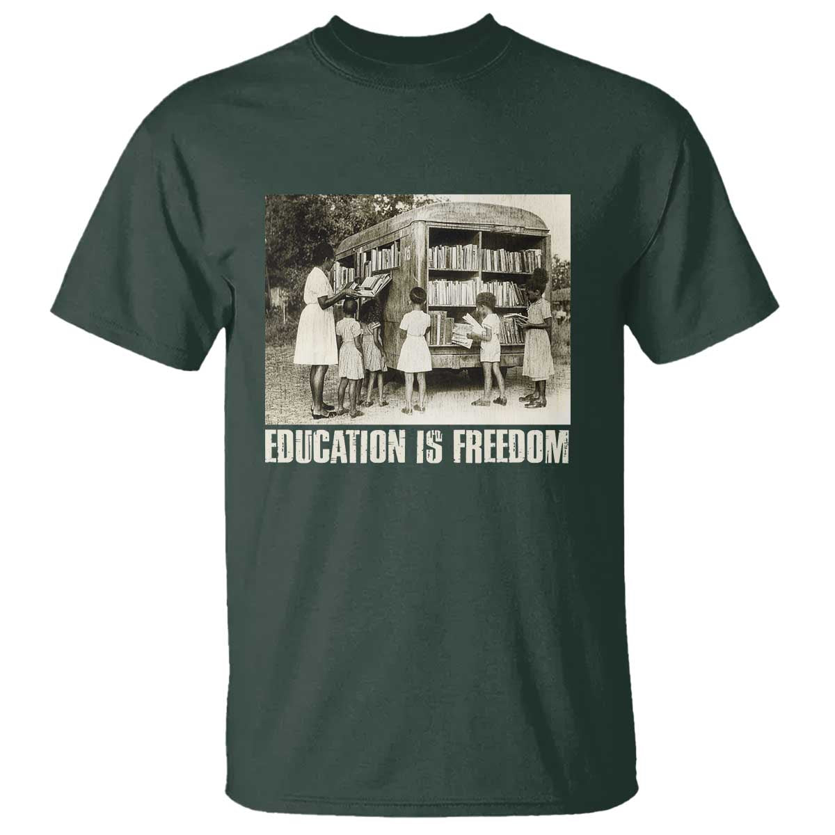 Dark forest green T-shirt with vintage graphic and EDUCATION'S FREEDOM text