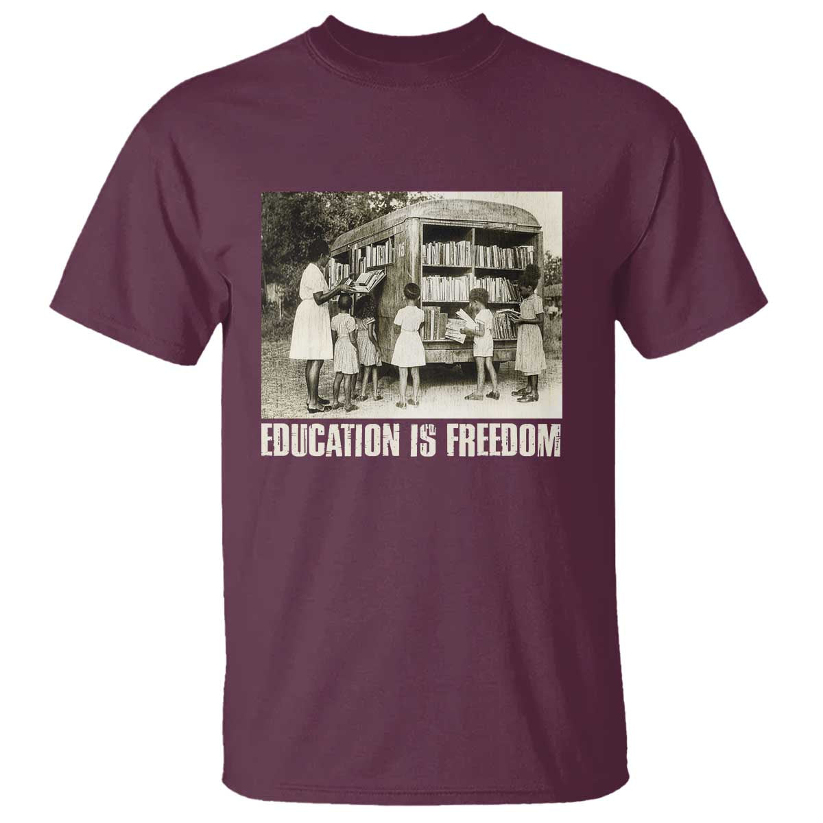 Maroon T-shirt with vintage graphic and EDUCATION'S FREEDOM text