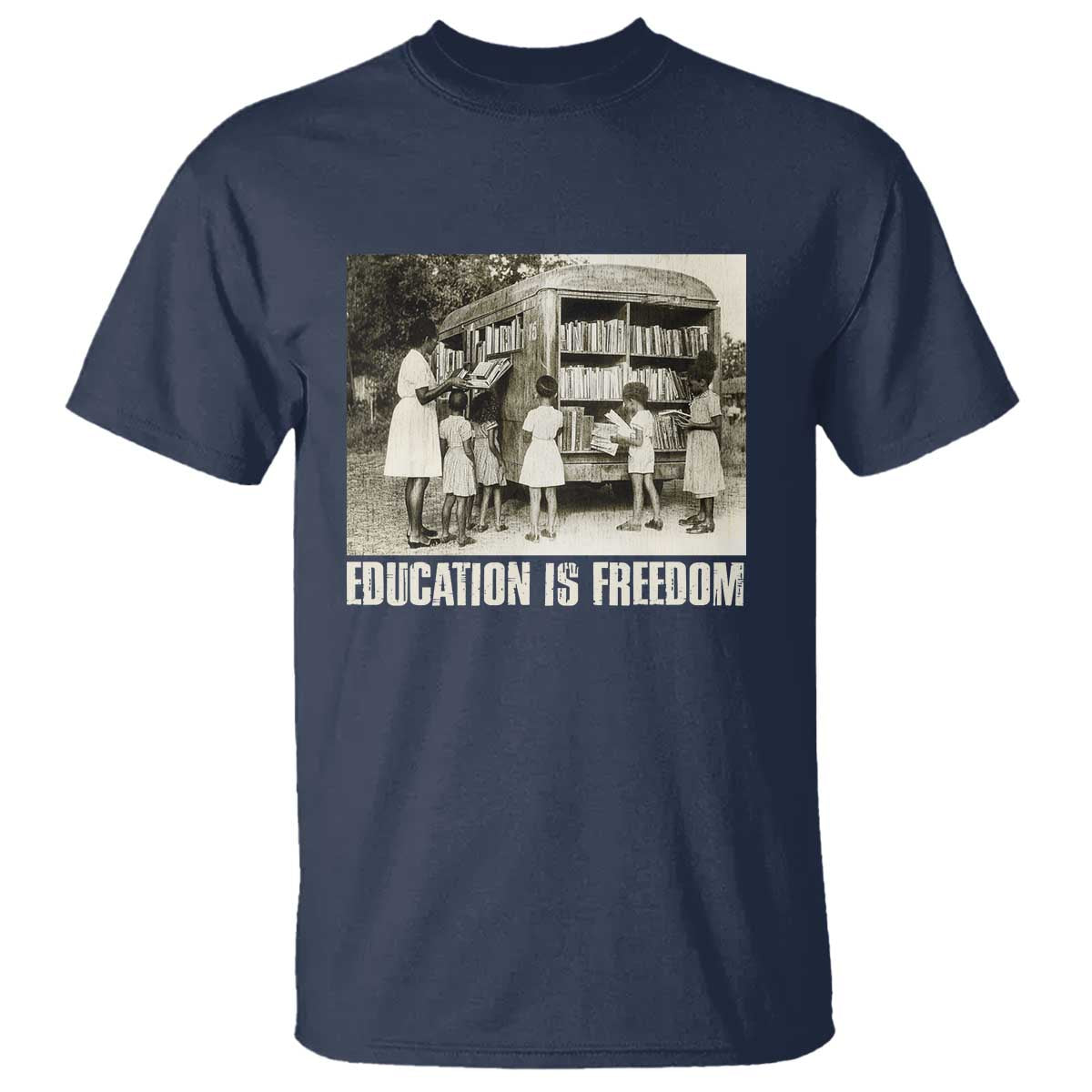 Navy T-shirt with vintage graphic and EDUCATION'S FREEDOM text