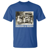 Royal blue T-shirt with vintage graphic and EDUCATION'S FREEDOM text