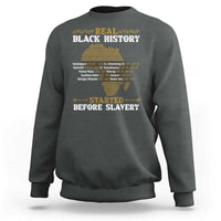 Dark heather gray-green crewneck sweatshirt with 'BLACK HISTORY' and 'STARTED BEFORE SLAVERY'