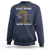 Navy crewneck sweatshirt with 'BLACK HISTORY' and 'STARTED BEFORE SLAVERY' graphic