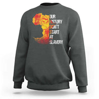 Charcoal gray crewneck sweatshirt with front graphic print and ribbed cuffs and hem