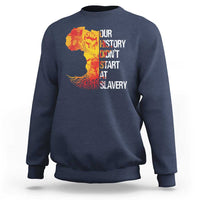 Navy crewneck sweatshirt with front graphic print and ribbed cuffs and hem