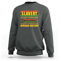 Dark gray crewneck sweatshirt with bold front graphic slogan and ribbed cuffs