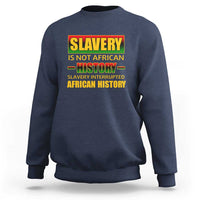 Navy crewneck sweatshirt with bold front graphic slogan and ribbed cuffs