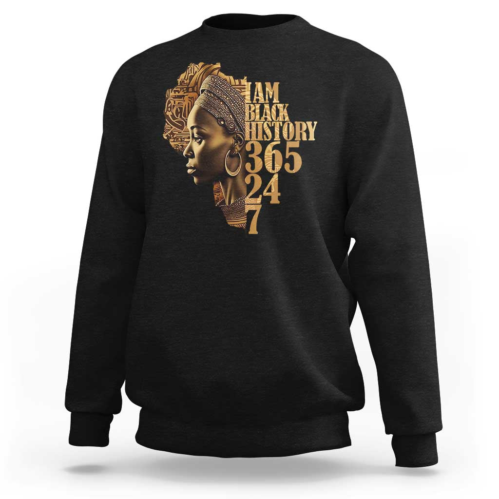 Black crewneck sweatshirt with portrait graphic and "BLACK HISTORY 365 24 7" text