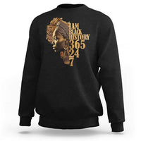 Black crewneck sweatshirt with portrait graphic and "BLACK HISTORY 365 24 7" text