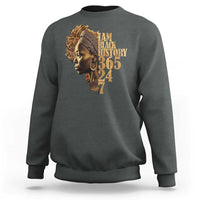 Dark heather crewneck sweatshirt with portrait graphic and "BLACK HISTORY 365 24 7" text