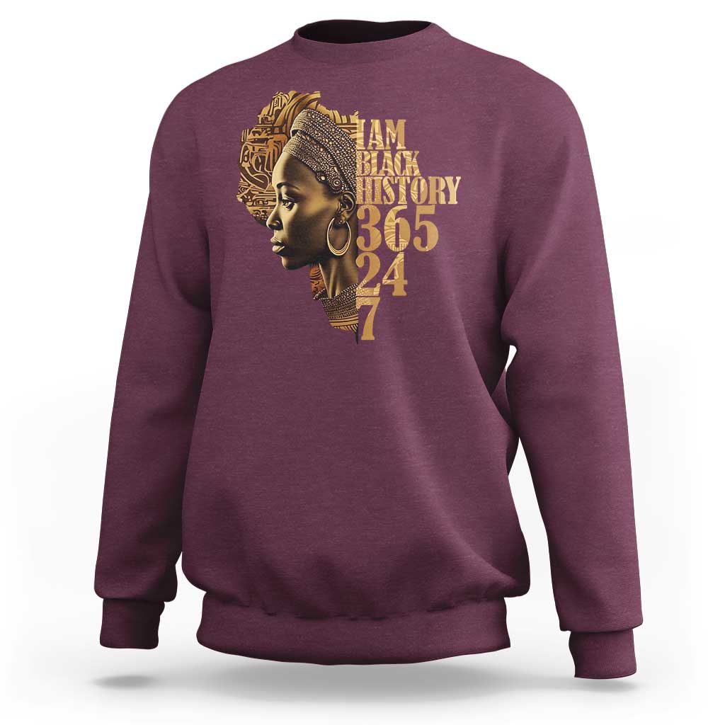 Maroon crewneck sweatshirt with portrait graphic and "BLACK HISTORY 365 24 7" text
