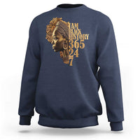 Navy crewneck sweatshirt with portrait graphic and "BLACK HISTORY 365 24 7" text