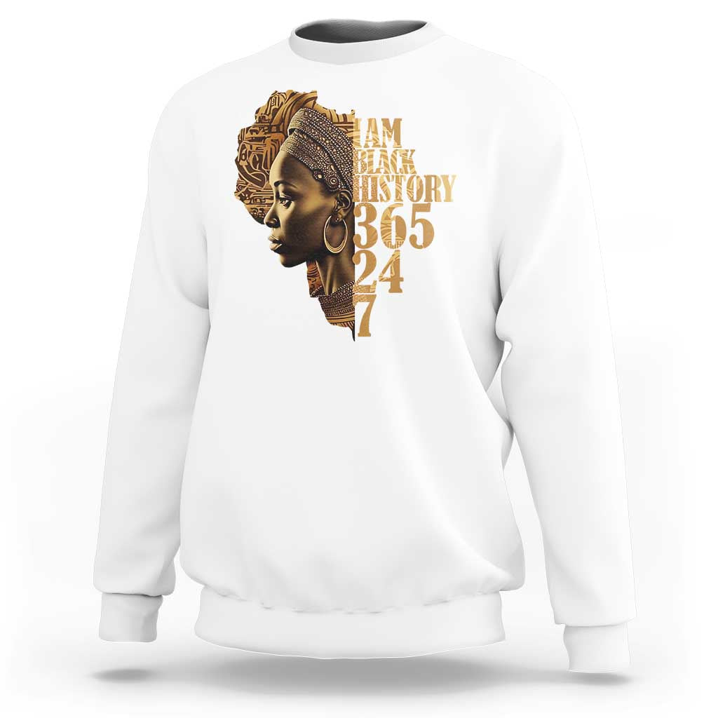 White crewneck sweatshirt with portrait graphic and "BLACK HISTORY 365 24 7" text