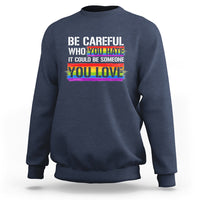 Navy rainbow slogan sweatshirt, crewneck pullover with colorful “You Love” graphic