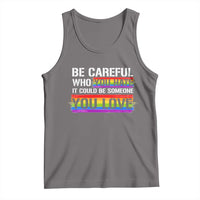Gray sleeveless Pride tank top with rainbow graphic text and crew neckline