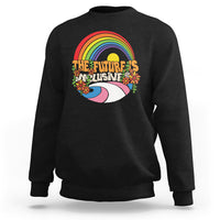 Black sweatshirt with rainbow “The Future’s Inclusive” graphic