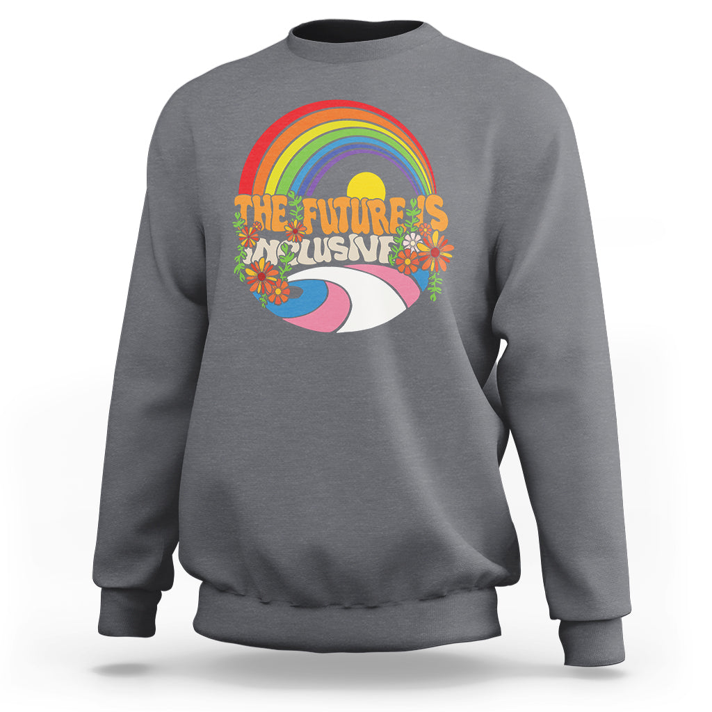 Charcoal gray sweatshirt with rainbow “The Future’s Inclusive” graphic