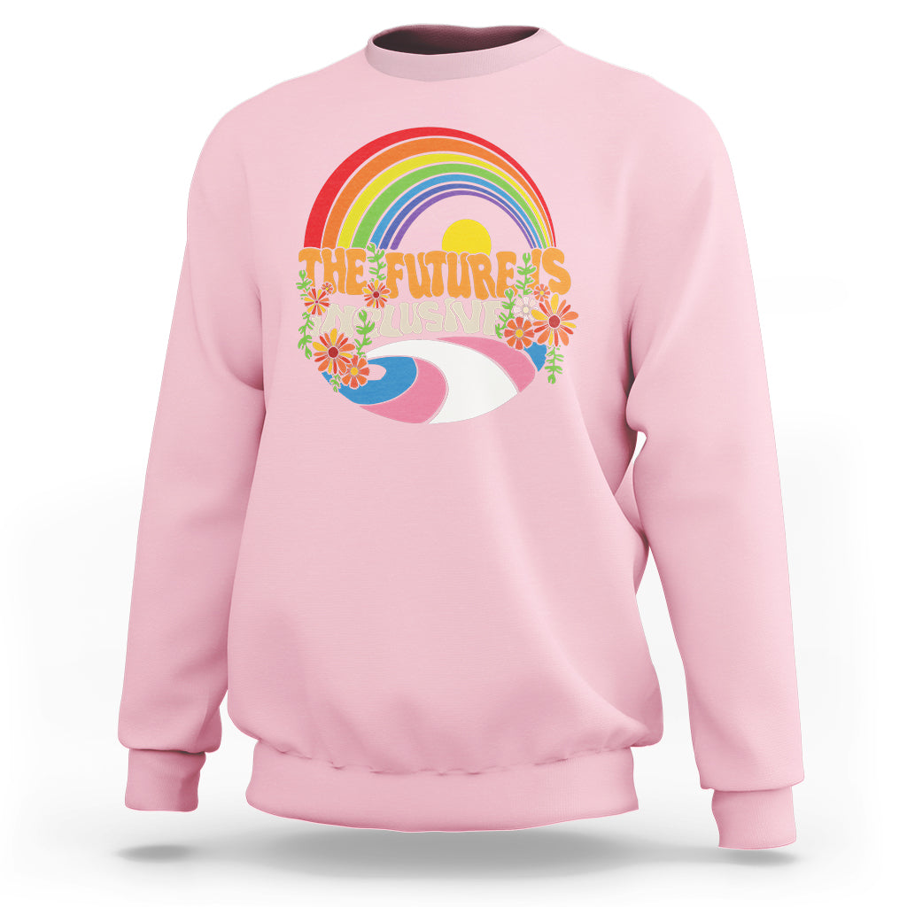Light pink sweatshirt with rainbow “The Future’s Inclusive” graphic