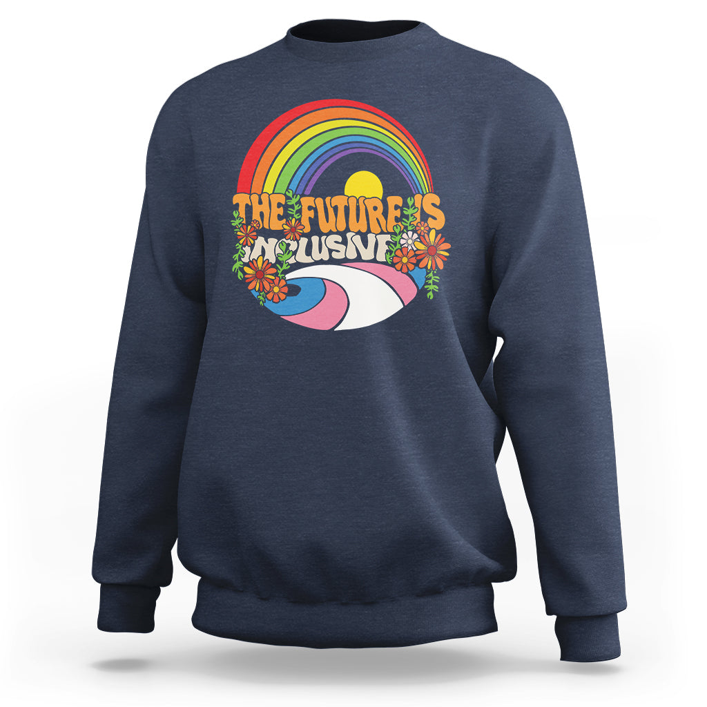 Navy sweatshirt with rainbow “The Future’s Inclusive” graphic
