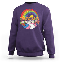 Purple sweatshirt with rainbow “The Future’s Inclusive” graphic