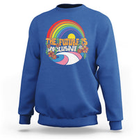 Royal blue sweatshirt with rainbow “The Future’s Inclusive” graphic